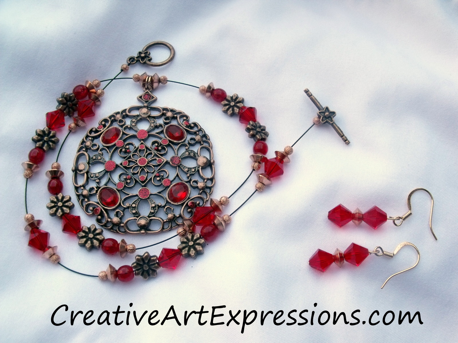 Creative Art Expressions Handmade Red & Antique Copper Necklace & Earring Set Jewerly Design